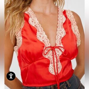 NWT Nasty Gal Red and Gold Lace Trim Sleeveless Top